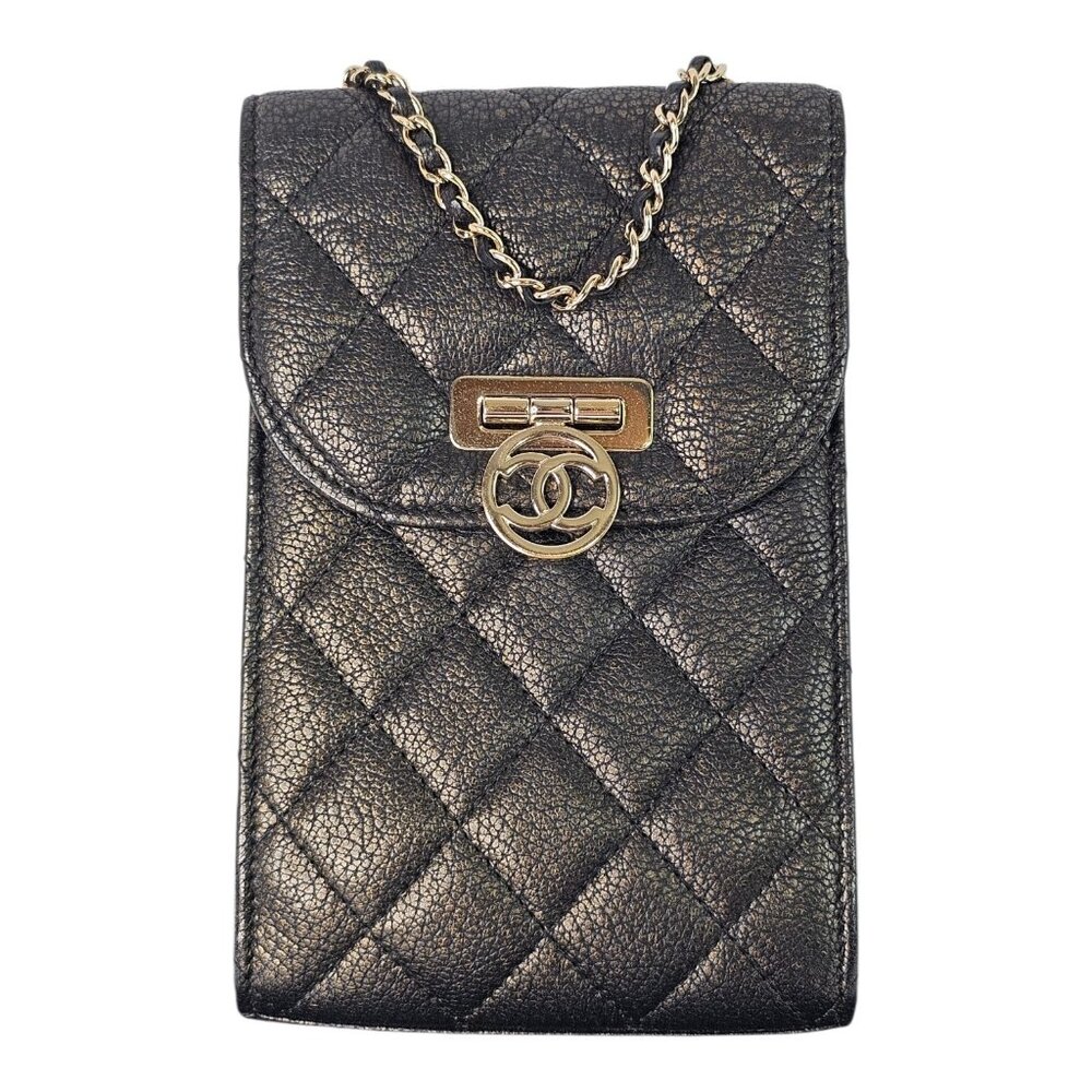 Chanel Quilted Golden Class Chain Leather Phone Holder Bag Small Flap Metallic